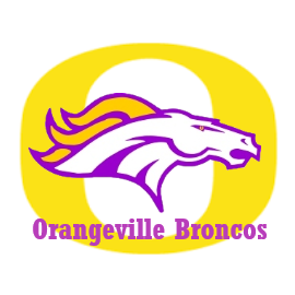 yellow O with Orangeville Broncos and bronco logo