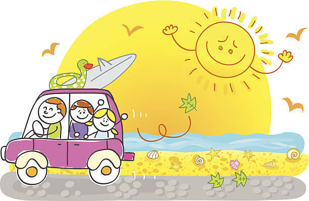 cartoon people in car with sunshine